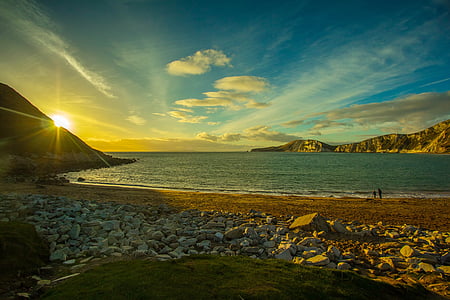 worbarrow Körfezi, Dorset, Deniz, doğa, günbatımı, ülke, okyanus