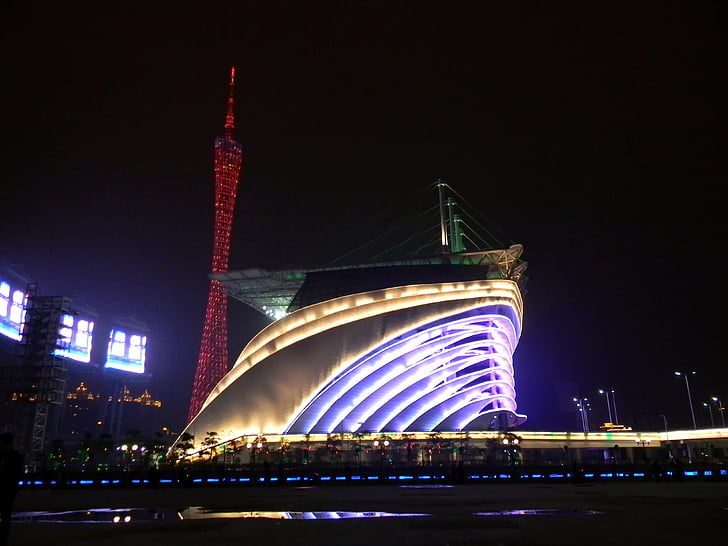 Guangzhou, Čína, Opera house, noční, večer, světlo, osvětlení