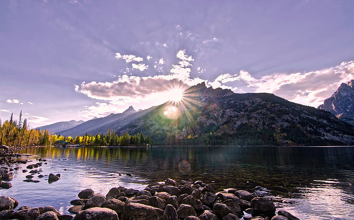 wyoming, landscape, mountains, lake, water, reflections, sunset