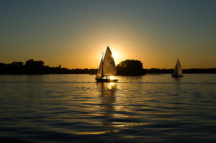 brown, sailing, boat, body, water, golden, hour