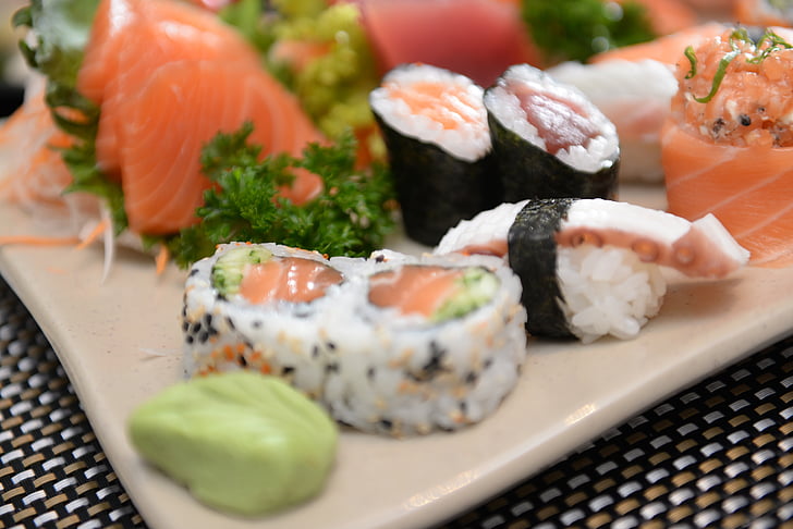 sushi, sashimi, japán, élelmiszer, tenger gyümölcsei, hal, lazac