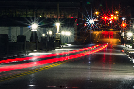 光条纹, 桥梁, 晚上, 光, 道路, 街道, 运输