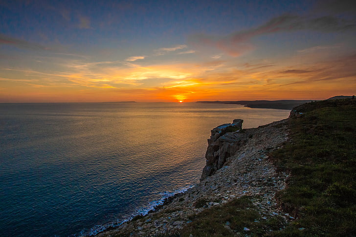 solnedgang, hav, Panorama, Jurassic coast, Dorset, England, sjøen
