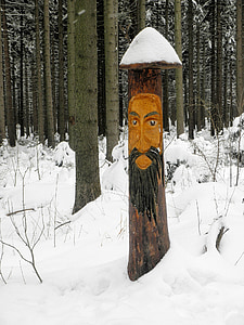 winter, snow, forest, wood carving, figure, wood, ore mountains