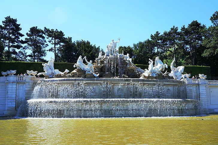 Parque del castillo, Schönbrunn, agua, cielo azul, fuente, Viena, Austria