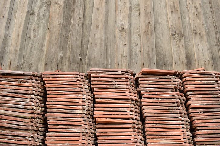 roofing, tile, red, brick, stack, wooden wall, tile to wood wall