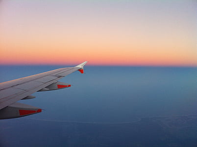 Ok, aeroplano, ala, Foto, cielo, tramonto, atmosfera