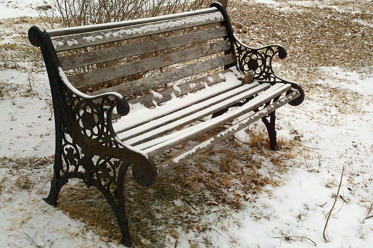 пейка, парк, сняг, зимни, чугун, дървен материал, седалка