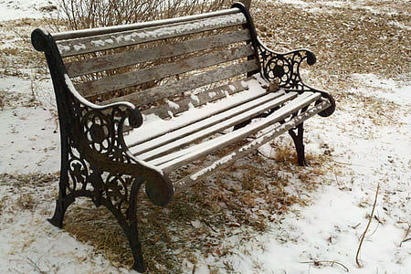 banco, Parque, neve, Inverno, ferro fundido, madeira, assento