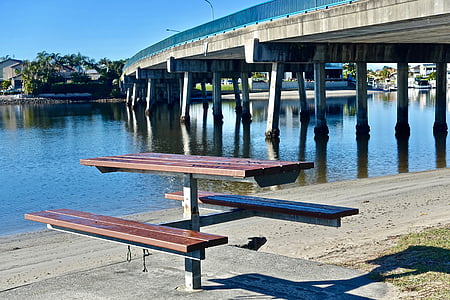 bench, bridge, wooden, outdoor, landscape, river
