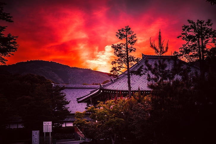 Kyoto, Japão, montanhas, pagode, Templo de, HDR, pôr do sol