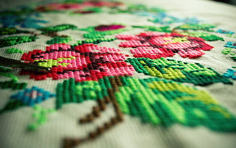 embroidery, flowers, handmade, linen, table, selective focus, multi colored