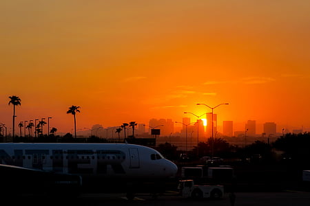 valkoinen, lentokone, oranssi, taivas, Sunset, auringonvalo, Sunrise