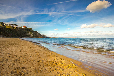 praia, oceano, Costa, país de Gales, Tenby, mar, céu