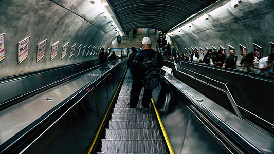 commuter, escalator, motion, people, reflection, station, subway