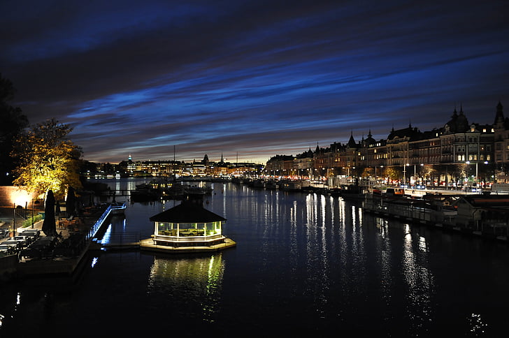 matahari terbenam, saluran, air, malam, Stockholm, malam, kapal laut