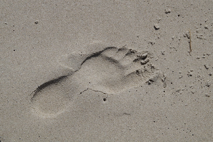 voetafdruk, zand, strand, zandstrand, Trace, sporen in het zand, blote voeten