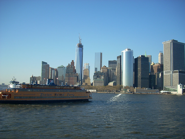 New york city, Panorama, Staten island ferry, město, voda, Pier