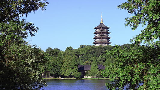 west lake in summer, pagoda, hangzhou pagoda, leifeng pagoda, tree, travel destinations, architecture