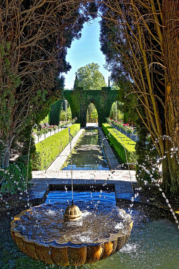 фонтан, Градина, вода, Алхамбра, дизайн, перспектива, освежаващ