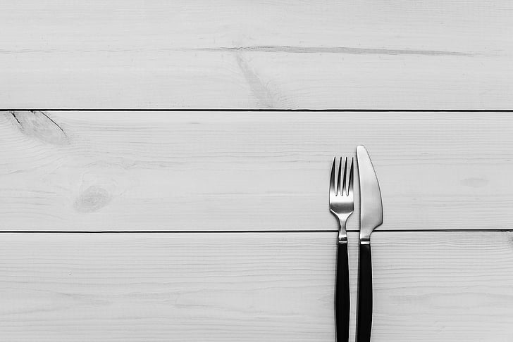 black, handle, fork, knife, grey, wooden, surface