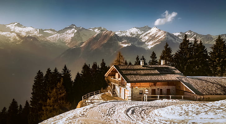 italy, alps, mountains, house, home, resort, winter