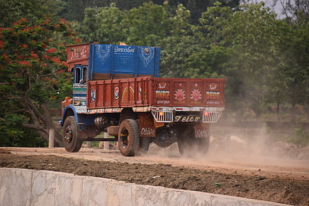 camió, carretera, en construcció, pols, contaminació, transport, vehicle