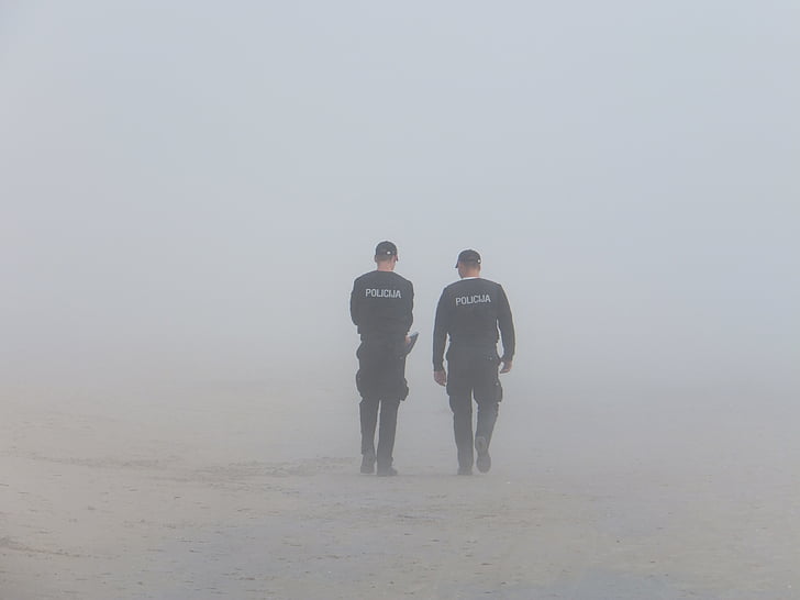 police, brouillard, bord de mer, hommes, plage, mer, gens
