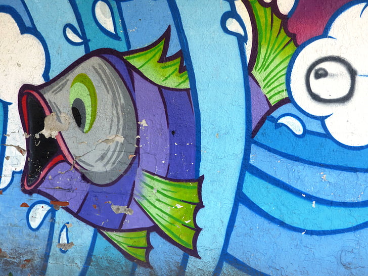 dinding, grafiti, lukisan, seni jalanan, lukisan mural, ikan, semprot