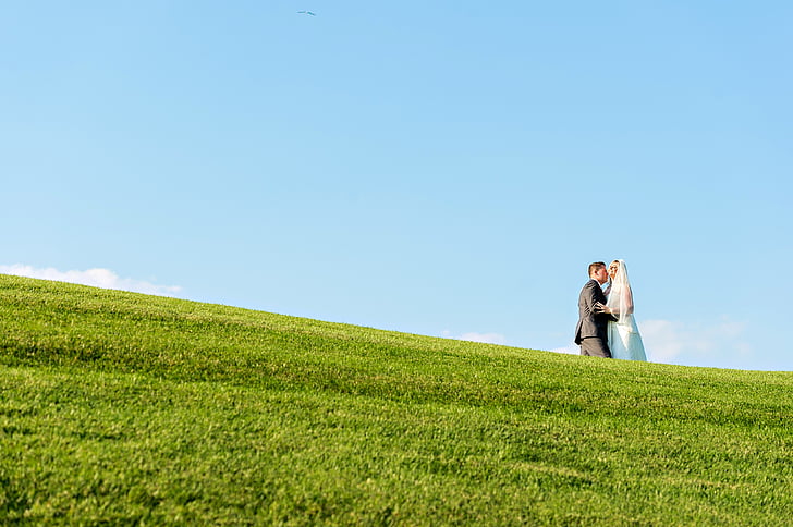 bride, groom, wedding, grass, hill, romance, hugs