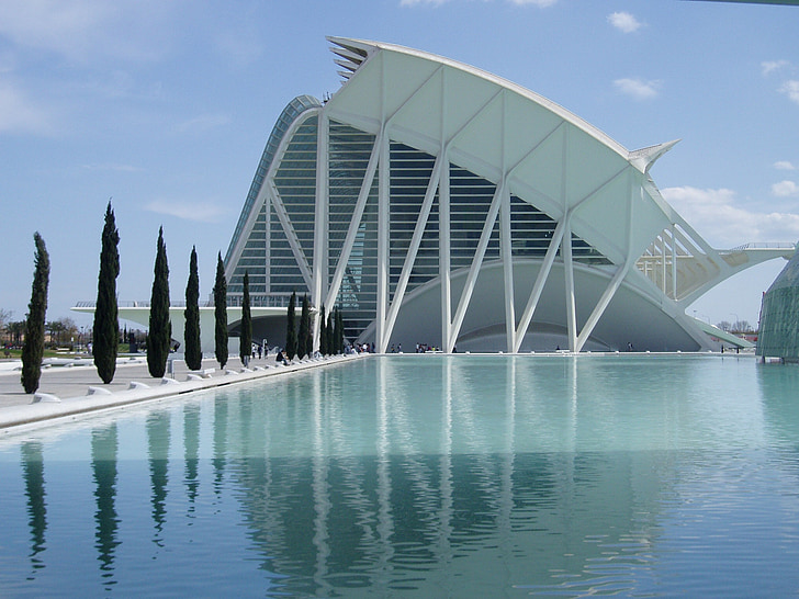 Valencia, España, ciudad de las artes y las Ciencias, arquitectura, edificio moderno, reflexiones, piscina