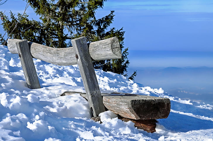 Ngân hàng, băng ghế dự bị, ghế gỗ, tuyết rơi, mùa đông, núi, địa danh Schauinsland