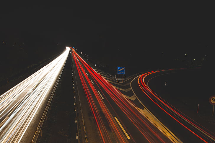 timelapse, photography, highway, night, time, road, cars