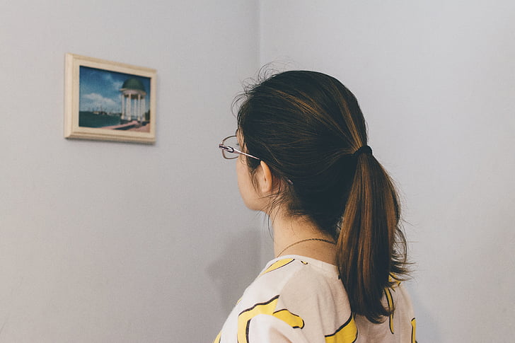 people, woman, eyeglasses, frame, art, wall, picture