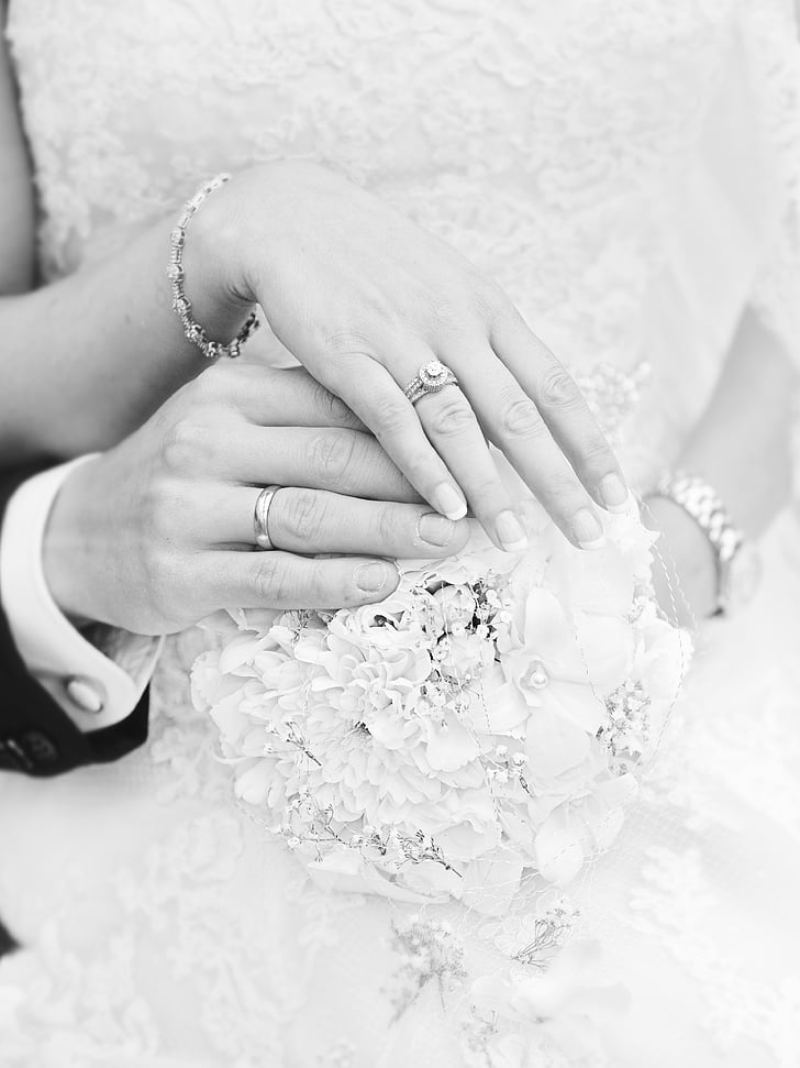 črno-belo, šopek, ljubezen, zakonske zveze, Poroka, poroko pasovih, poročni prstani