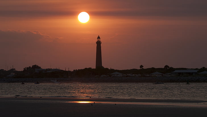 Lighthouse, solnedgång, stranden, havet, Ocean, kusten, Sky