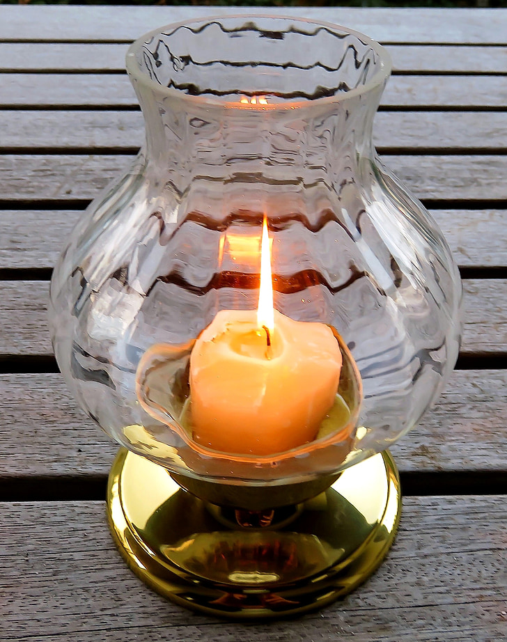 windlight, candle, light, wax, flame, burning, brass stand
