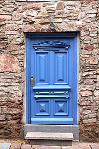 bangunan, rumah, pintu, biru, dinding, tingkat, batu