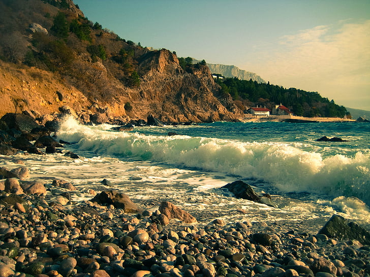gelombang, laut, batu, laut, air, biru, Pantai