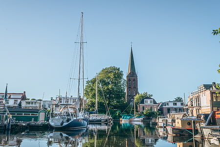 white, sailboat, body, water, towns, village, city