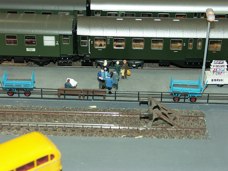 modell vasút, pályaudvar, platform, puffer-stop, vasúti, vasúti, a vonat