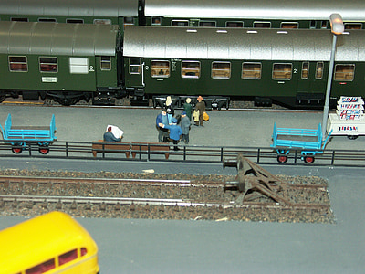 model railway, railway station, platform, buffer stop, rail, railway, train