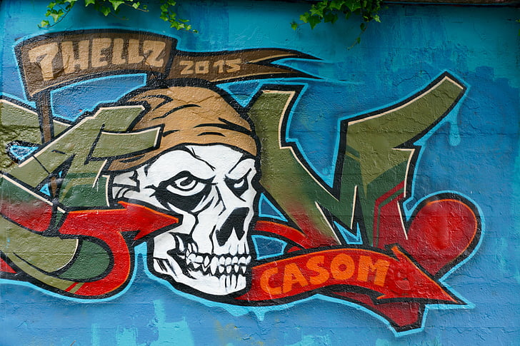Graffiti, crâne et os croisés, mur, art, pirate, crâne
