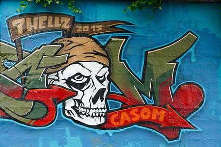 grafite, caveira e ossos cruzados, parede, arte, pirata, caveira
