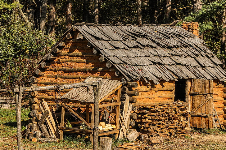 hytte, kabine, nybyggere, Settlers kabine, mudder, pilefletning, logs