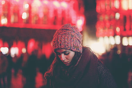 woman, red, beanie, brown, scarf, knit hat, one person
