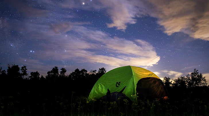 green, dome, tent, cloudy, sky, nighttime, night