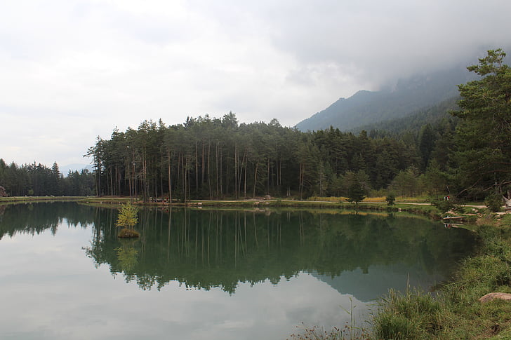 lake, pond, mirroring, water, landscape, italy, south tyrol