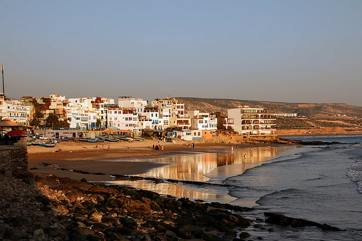 Marocko, Taghazout, stranden, havet, våg, vatten, kusten