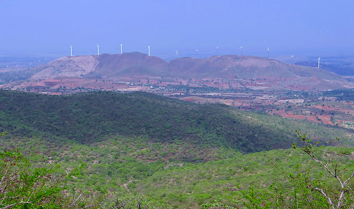 chitradurga Хилс, пейзаж, планини, долината, зеленина, вятърни турбини, вятърната енергия